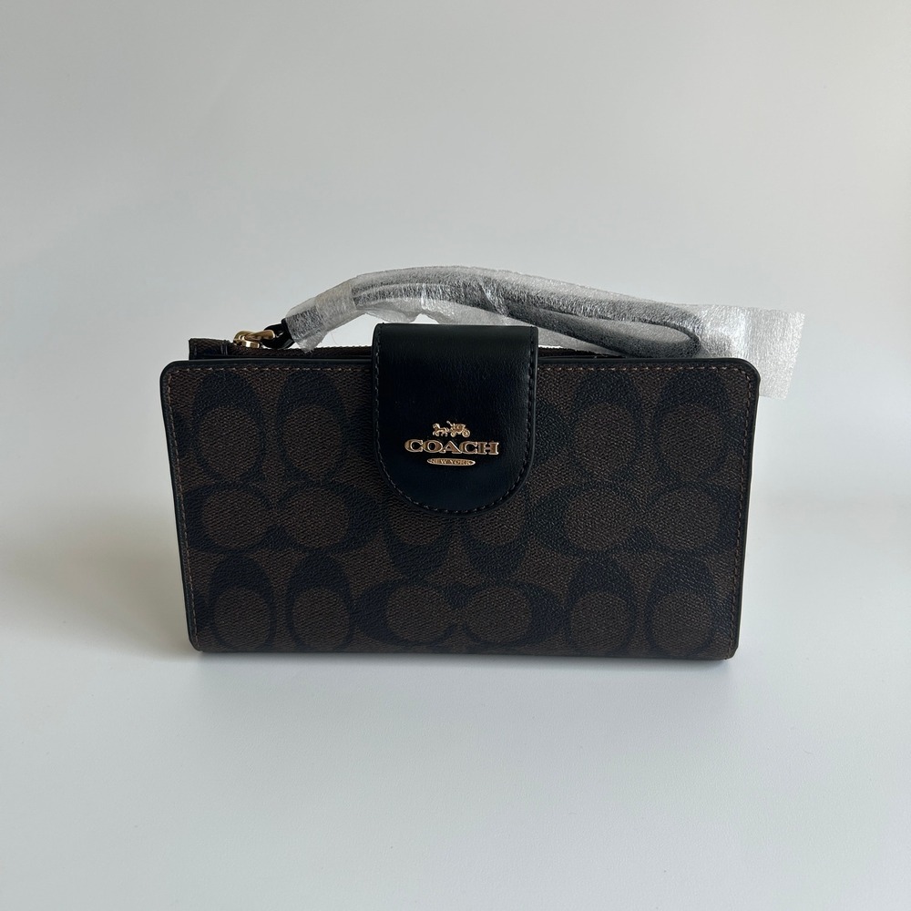 Coach Tech Phone Wallet In Signature Canvas Brown Black C2874 Clutch